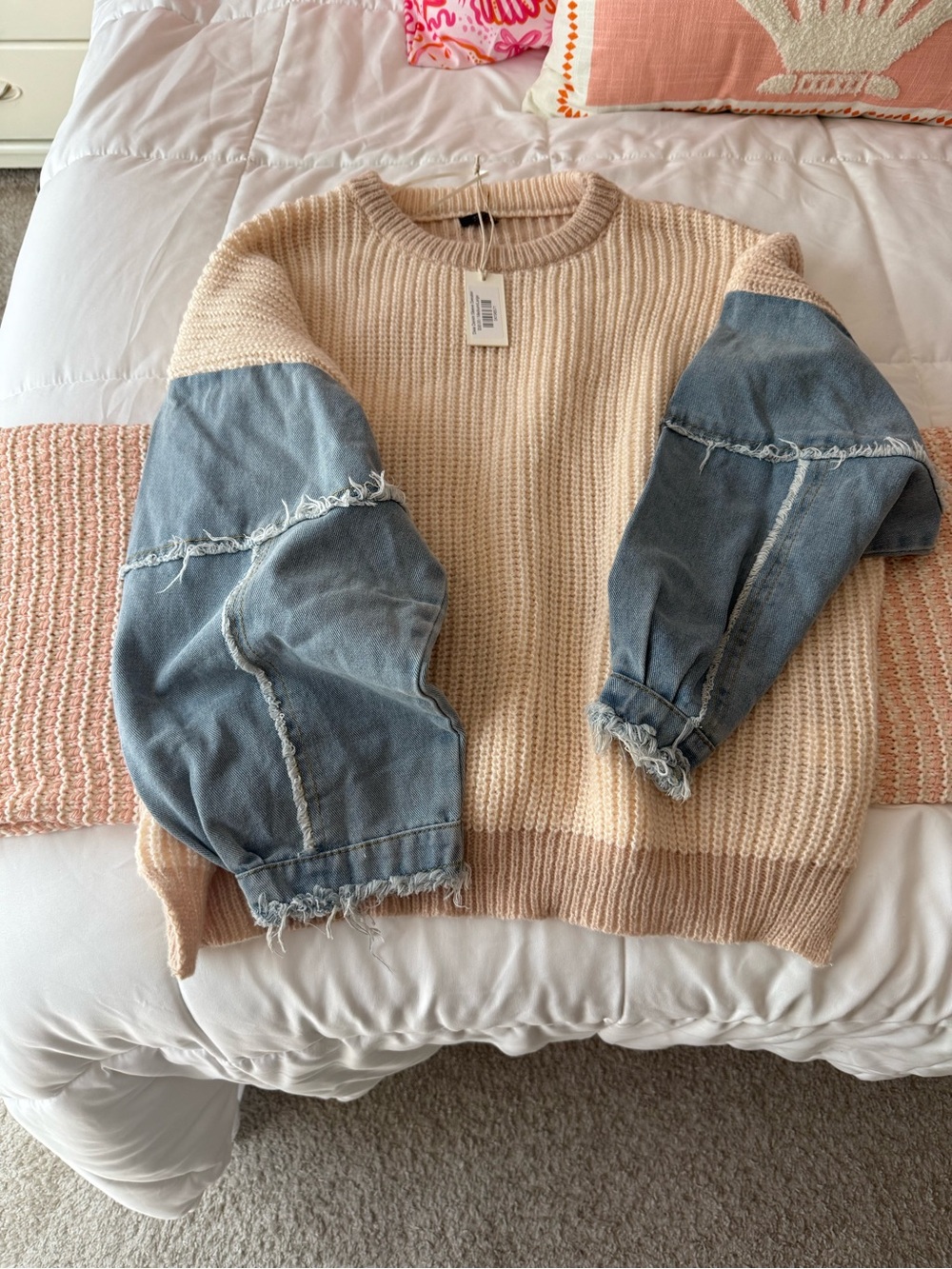 debut Beige Knit Sweater with Denim Patch Sleeves